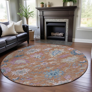 HomeRoots 8' Vibrant Floral Round Rug in Orange, Teal & Pink - Washable, UV Protected & Stain Resistant! 686960