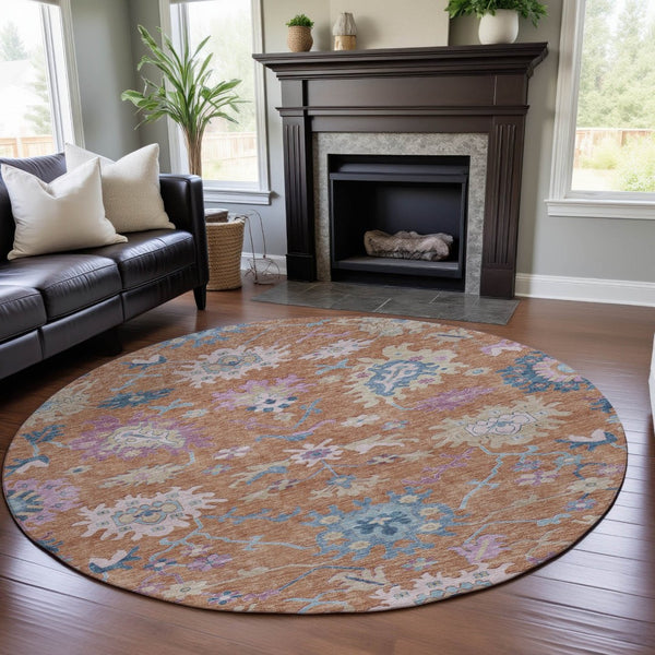 HomeRoots 8' Vibrant Floral Round Rug in Orange, Teal & Pink - Washable, UV Protected & Stain Resistant! 686960