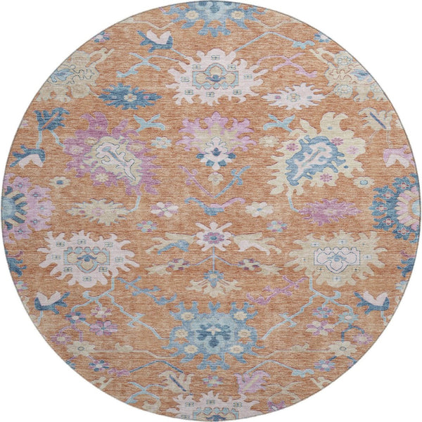 HomeRoots 8' Vibrant Floral Round Rug in Orange, Teal & Pink - Washable, UV Protected & Stain Resistant! 686960