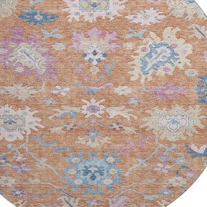 HomeRoots 8' Vibrant Floral Round Rug in Orange, Teal & Pink - Washable, UV Protected & Stain Resistant! 686960