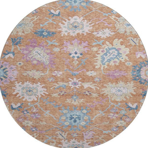 HomeRoots 8' Vibrant Floral Round Rug in Orange, Teal & Pink - Washable, UV Protected & Stain Resistant! 686960