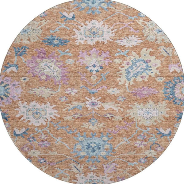 HomeRoots 8' Vibrant Floral Round Rug in Orange, Teal & Pink - Washable, UV Protected & Stain Resistant! 686960