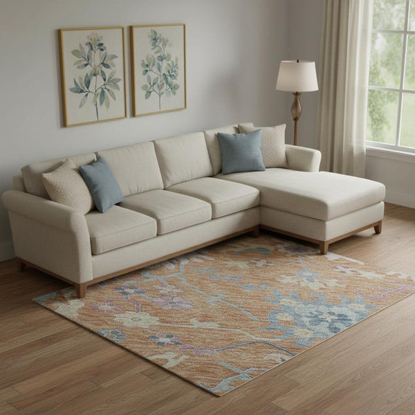 HomeRoots 9' X 12' Floral Washable Area Rug in Bright Orange, Teal & Pink - Stain Resistant & UV Protected! 686962