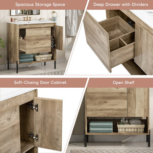 English Elm 30" Modern Wood Bathroom Vanity with Ceramic Sink, Soft-Close Door, Drawer Dividers & Open Shelf N710P247136P