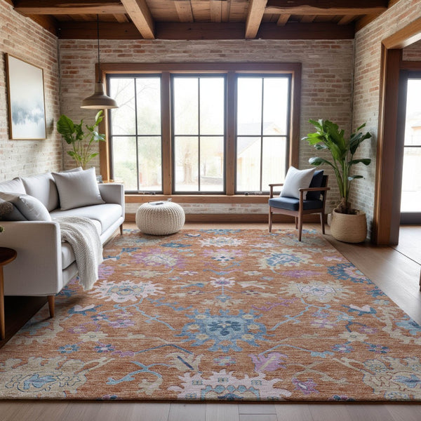 HomeRoots 10' Vibrant Orange Teal and Pink Floral Area Rug - Washable, UV-Protected, Ideal for Busy Homes 686963