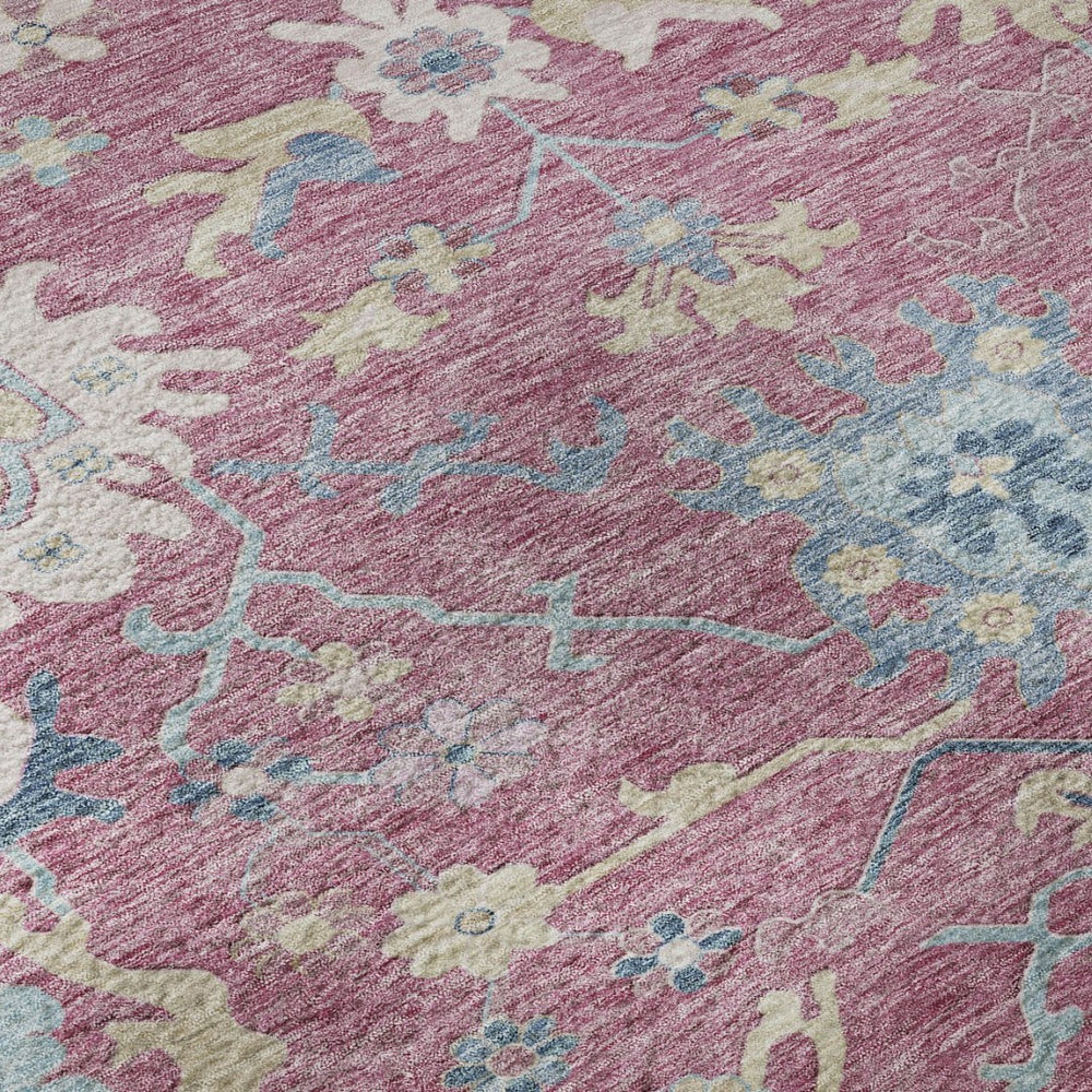 HomeRoots 5' Floral Area Rug in Pink, Blue & Beige – Washable, UV Protected, Perfect for High-Traffic Homes! 686965