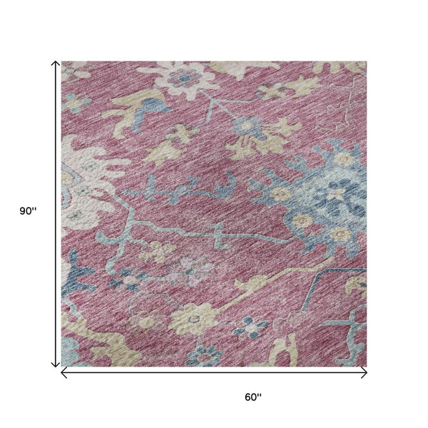 HomeRoots 5' Floral Area Rug in Pink, Blue & Beige – Washable, UV Protected, Perfect for High-Traffic Homes! 686965