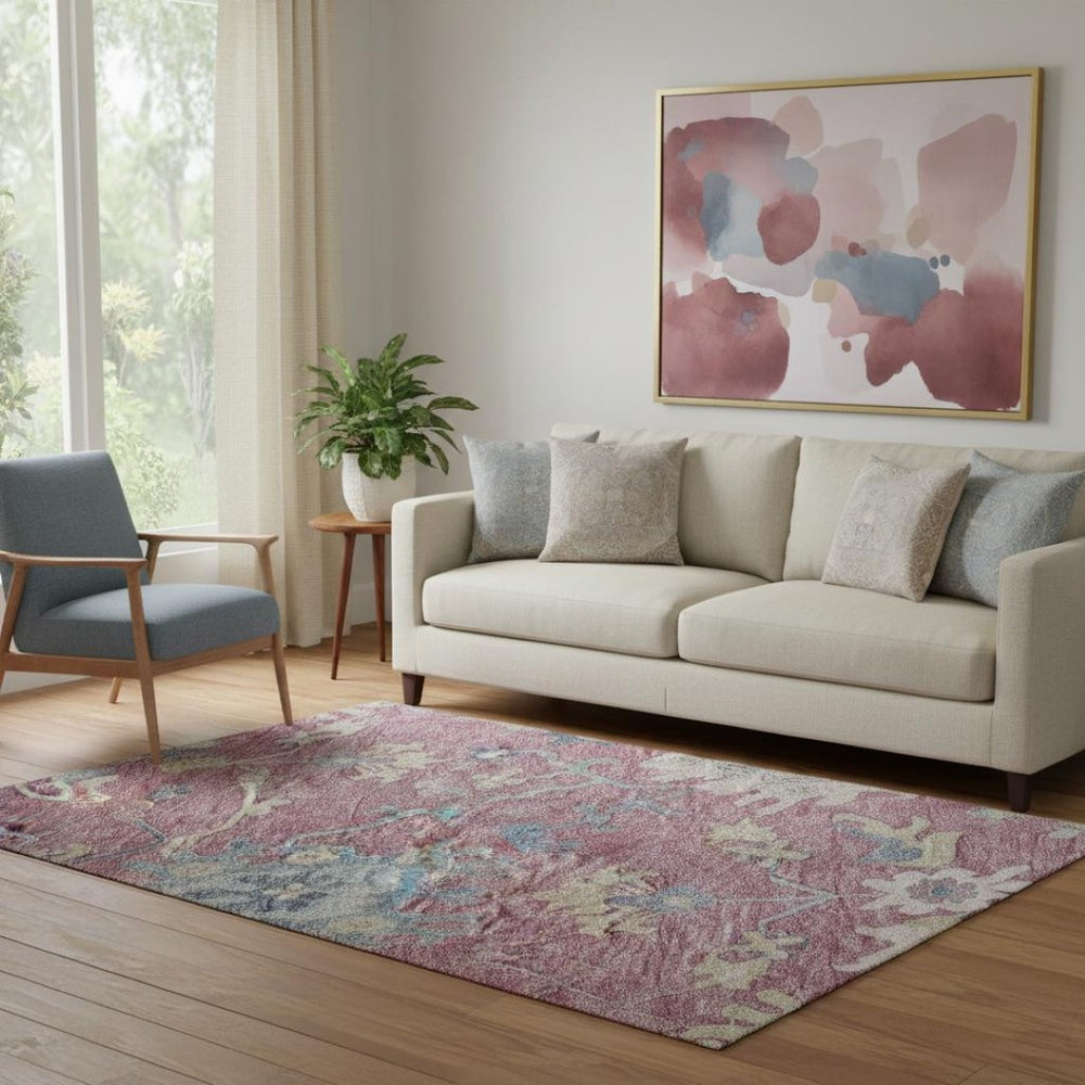 HomeRoots 5' Floral Area Rug in Pink, Blue & Beige – Washable, UV Protected, Perfect for High-Traffic Homes! 686965