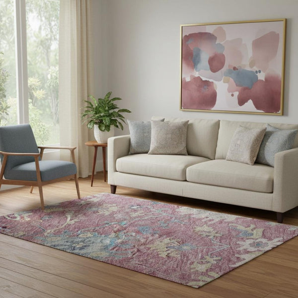 HomeRoots 5' Floral Area Rug in Pink, Blue & Beige – Washable, UV Protected, Perfect for High-Traffic Homes! 686965