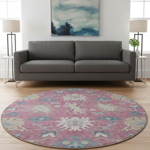 HomeRoots 8' Washable Round Rug with Floral Design in Pink, Blue, and Beige – Durable, Stain Resistant, UV Protected 686966