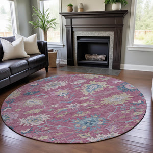 HomeRoots 8' Washable Round Rug with Floral Design in Pink, Blue, and Beige – Durable, Stain Resistant, UV Protected 686966