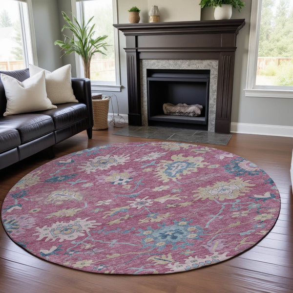HomeRoots 8' Washable Round Rug with Floral Design in Pink, Blue, and Beige – Durable, Stain Resistant, UV Protected 686966