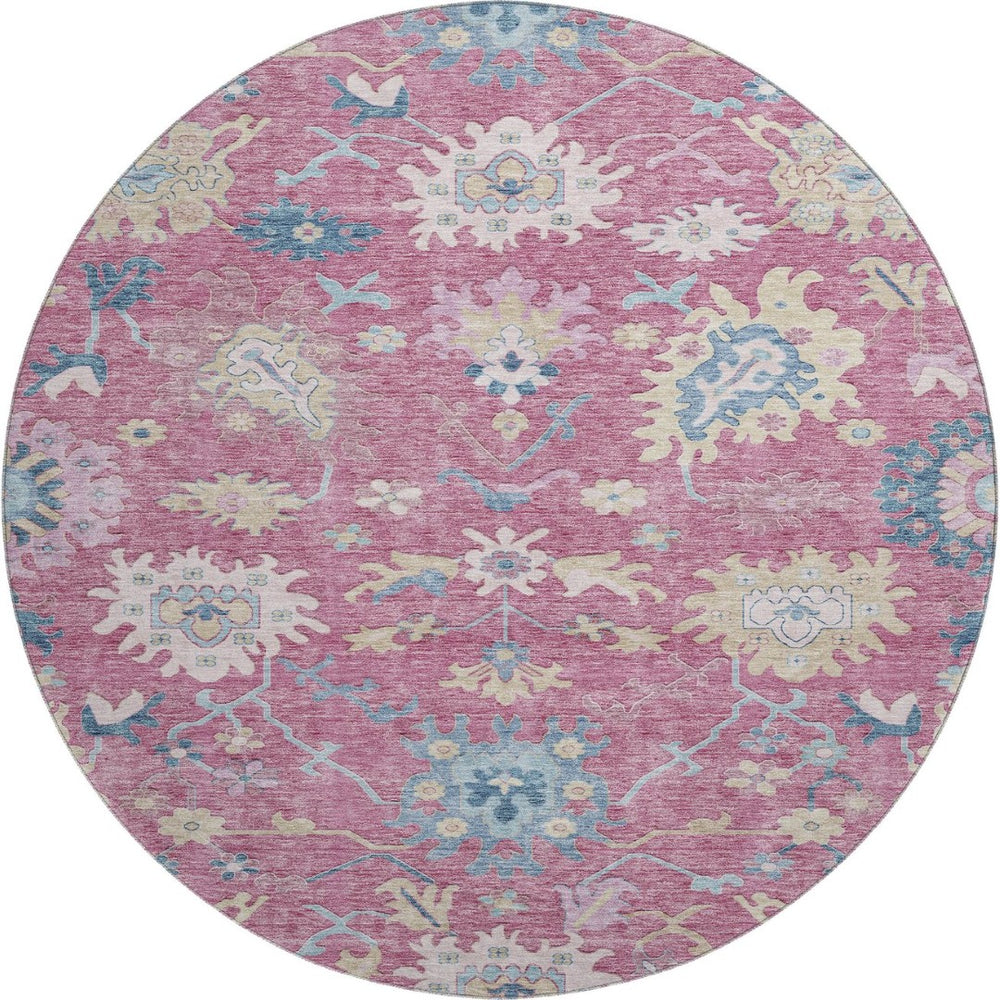 HomeRoots 8' Washable Round Rug with Floral Design in Pink, Blue, and Beige – Durable, Stain Resistant, UV Protected 686966