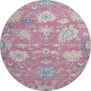 HomeRoots 8' Washable Round Rug with Floral Design in Pink, Blue, and Beige – Durable, Stain Resistant, UV Protected 686966