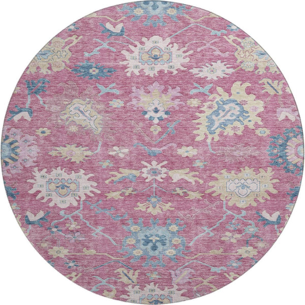 HomeRoots 8' Washable Round Rug with Floral Design in Pink, Blue, and Beige – Durable, Stain Resistant, UV Protected 686966