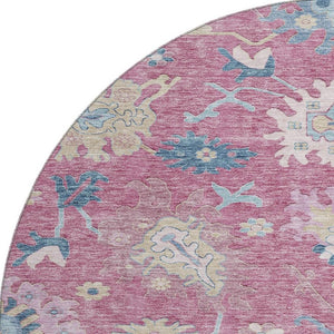 HomeRoots 8' Washable Round Rug with Floral Design in Pink, Blue, and Beige – Durable, Stain Resistant, UV Protected 686966
