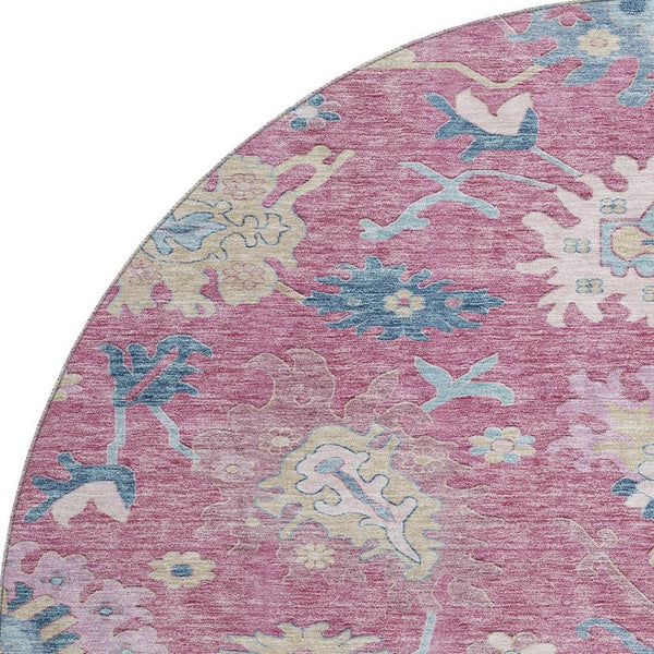 HomeRoots 8' Washable Round Rug with Floral Design in Pink, Blue, and Beige – Durable, Stain Resistant, UV Protected 686966
