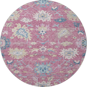 HomeRoots 8' Washable Round Rug with Floral Design in Pink, Blue, and Beige – Durable, Stain Resistant, UV Protected 686966