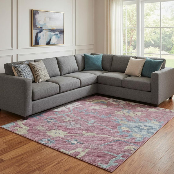 HomeRoots 8' X 10' Floral Washable Area Rug in Pink, Blue & Beige – Stain-Resistant, UV-Protected Beauty! 686967