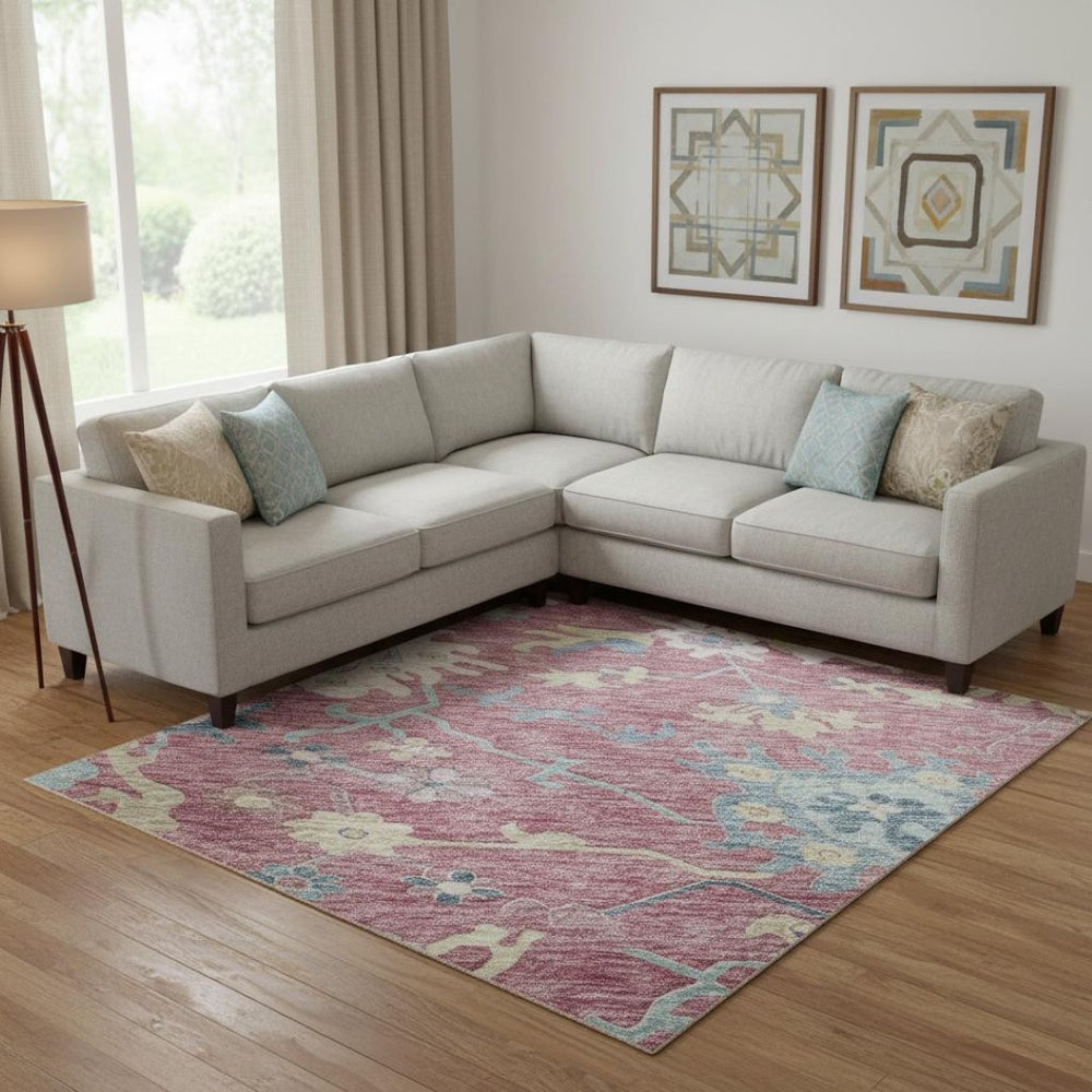 HomeRoots 10' Pink Blue Beige Floral Washable Area Rug – Durable, Stain-Resistant, UV Protected for Homes 686969