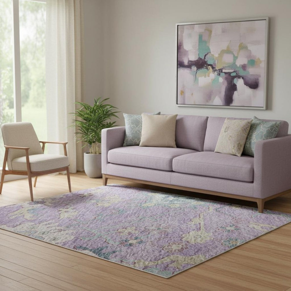 HomeRoots 5' X 8' Vibrant Floral Washable Area Rug in Purple, Teal & Gold - Durable, Stain-Resistant & UV Protected 686971