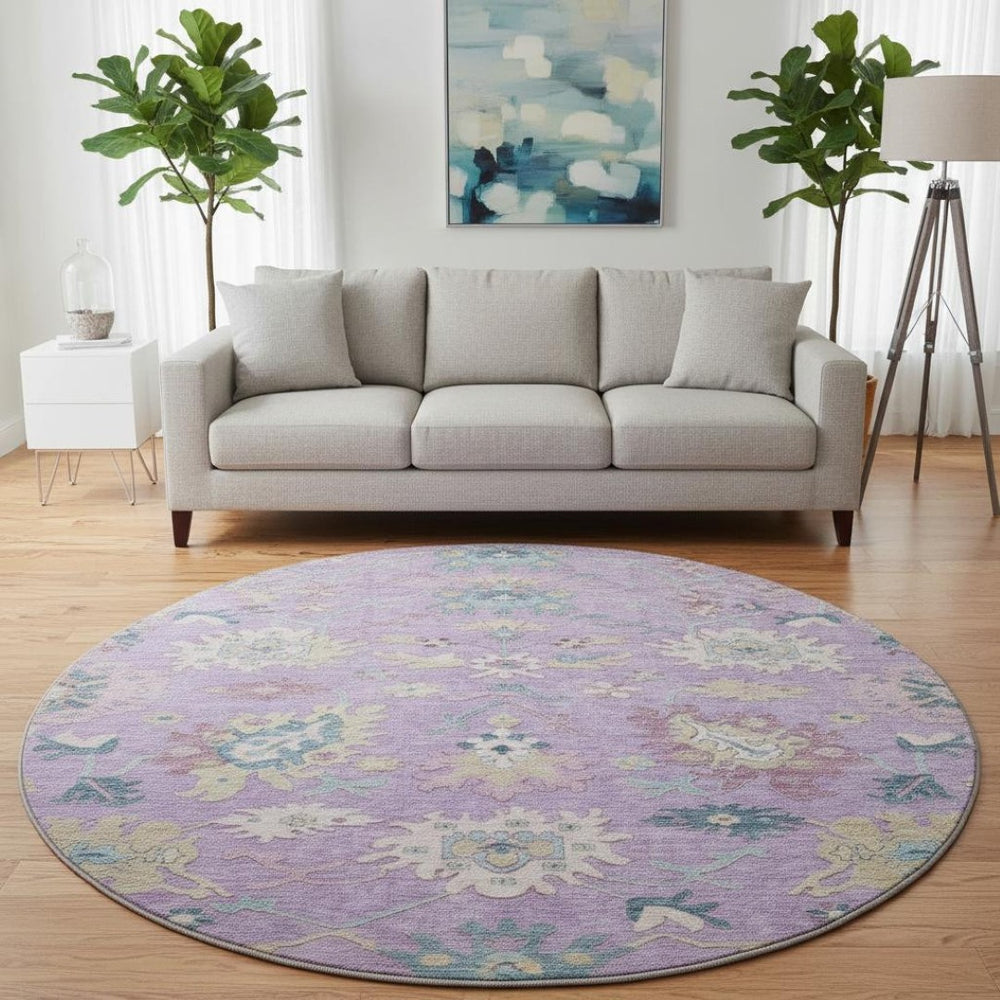 HomeRoots 8' Vibrant Floral Washable Round Rug in Purple, Teal & Gold with UV Protection for Busy Homes 686972