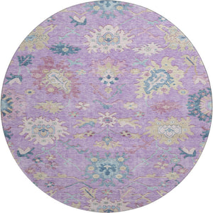 HomeRoots 8' Vibrant Floral Washable Round Rug in Purple, Teal & Gold with UV Protection for Busy Homes 686972