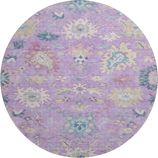 HomeRoots 8' Vibrant Floral Washable Round Rug in Purple, Teal & Gold with UV Protection for Busy Homes 686972