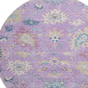 HomeRoots 8' Vibrant Floral Washable Round Rug in Purple, Teal & Gold with UV Protection for Busy Homes 686972