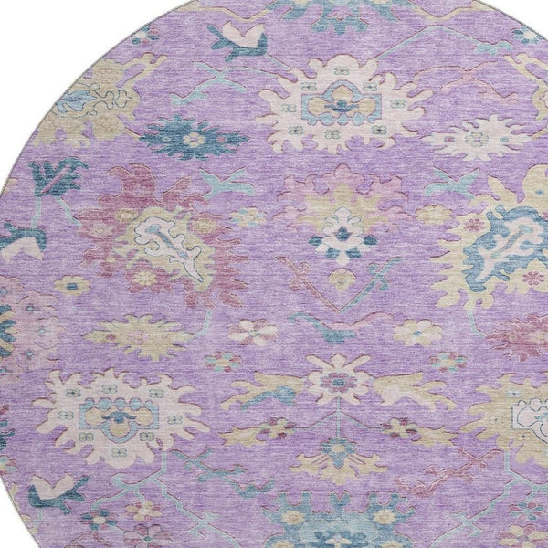 HomeRoots 8' Vibrant Floral Washable Round Rug in Purple, Teal & Gold with UV Protection for Busy Homes 686972