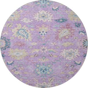 HomeRoots 8' Vibrant Floral Washable Round Rug in Purple, Teal & Gold with UV Protection for Busy Homes 686972