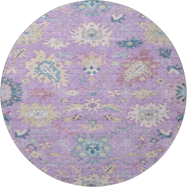 HomeRoots 8' Vibrant Floral Washable Round Rug in Purple, Teal & Gold with UV Protection for Busy Homes 686972