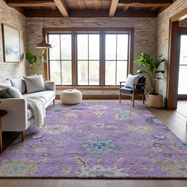 HomeRoots 10' X 14' Floral Area Rug in Purple, Teal & Gold - Washable, UV-Protected & Stain-Resistant Design 686975