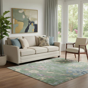 HomeRoots 5' X 8' Sage Beige & Blue Floral Area Rug - Washable, UV-Protected, Perfect for Kids & Pets! 686977