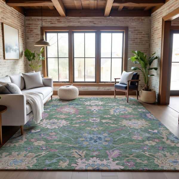 HomeRoots 5' X 8' Sage Beige & Blue Floral Area Rug - Washable, UV-Protected, Perfect for Kids & Pets! 686977