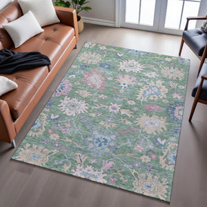 HomeRoots 5' X 8' Sage Beige & Blue Floral Area Rug - Washable, UV-Protected, Perfect for Kids & Pets! 686977