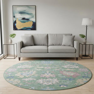 HomeRoots 8' Sage Beige and Blue Floral Round Rug - Washable, UV Protected, Stylish & Durable for Any Space 686978