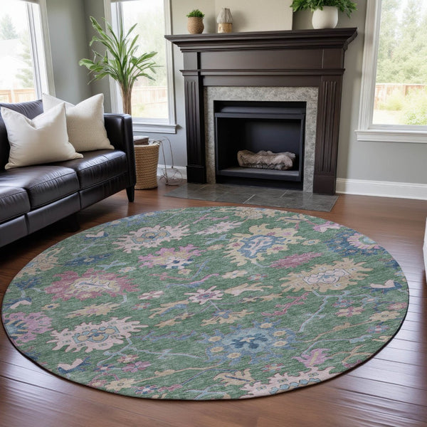 HomeRoots 8' Sage Beige and Blue Floral Round Rug - Washable, UV Protected, Stylish & Durable for Any Space 686978