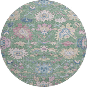 HomeRoots 8' Sage Beige and Blue Floral Round Rug - Washable, UV Protected, Stylish & Durable for Any Space 686978