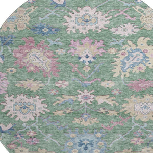 HomeRoots 8' Sage Beige and Blue Floral Round Rug - Washable, UV Protected, Stylish & Durable for Any Space 686978