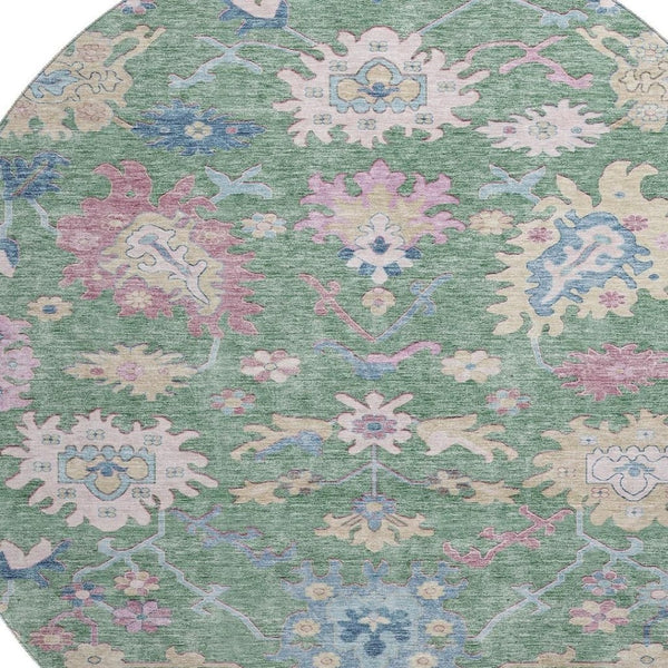 HomeRoots 8' Sage Beige and Blue Floral Round Rug - Washable, UV Protected, Stylish & Durable for Any Space 686978