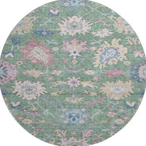 HomeRoots 8' Sage Beige and Blue Floral Round Rug - Washable, UV Protected, Stylish & Durable for Any Space 686978