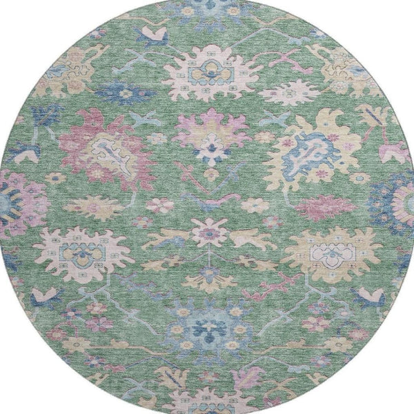 HomeRoots 8' Sage Beige and Blue Floral Round Rug - Washable, UV Protected, Stylish & Durable for Any Space 686978