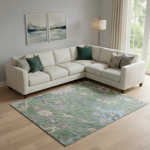 HomeRoots 9' X 12' Sage Beige & Blue Floral Area Rug - Washable, UV-Protected, Stain-Resistant, Durable Design 686980