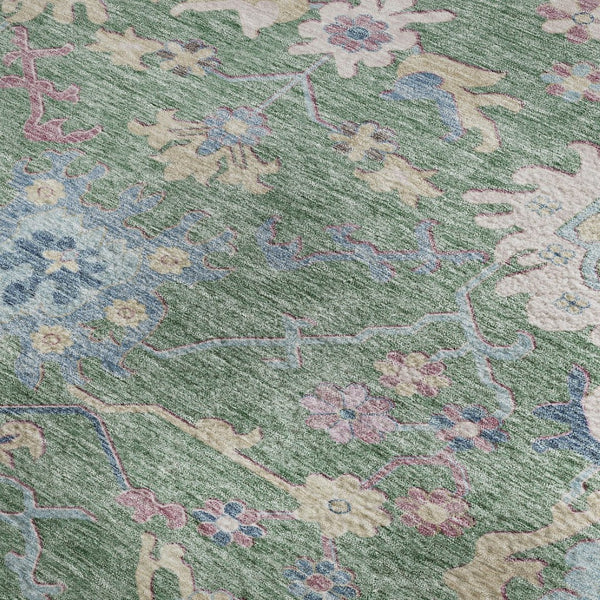 HomeRoots 9' X 12' Sage Beige & Blue Floral Area Rug - Washable, UV-Protected, Stain-Resistant, Durable Design 686980