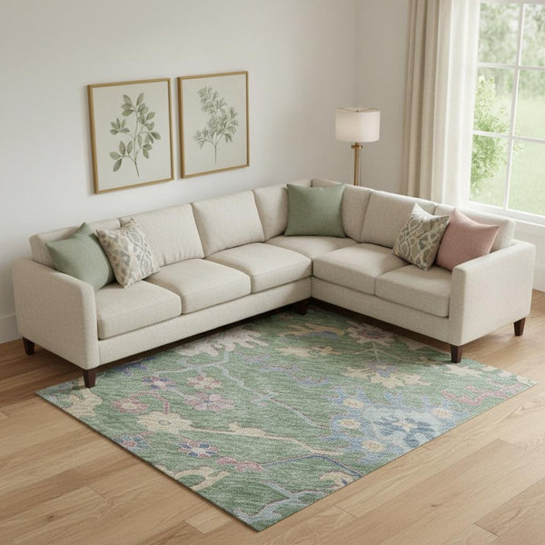 HomeRoots 10' X 14' Sage Beige & Blue Floral Area Rug - Washable, UV-Protected, Durable for Family Living Spaces 686981