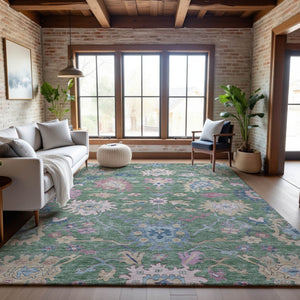 HomeRoots 10' X 14' Sage Beige & Blue Floral Area Rug - Washable, UV-Protected, Durable for Family Living Spaces 686981