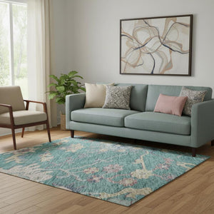 HomeRoots 5' X 8' Vibrant Floral Area Rug in Teal, Beige & Pink – Washable, UV-Protected & Stain-Resistant Design 686983