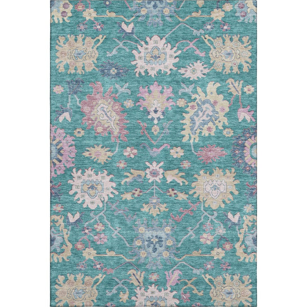 HomeRoots 5' X 8' Vibrant Floral Area Rug in Teal, Beige & Pink – Washable, UV-Protected & Stain-Resistant Design 686983