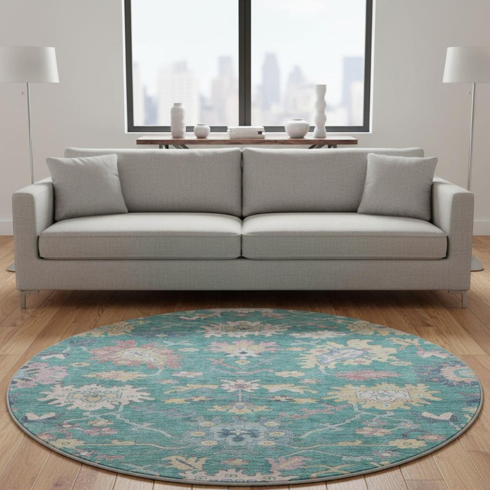 HomeRoots 8' Teal Beige Pink Floral Washable Round Rug - Durable, UV-Protected, Ideal for Families & Pets 686984